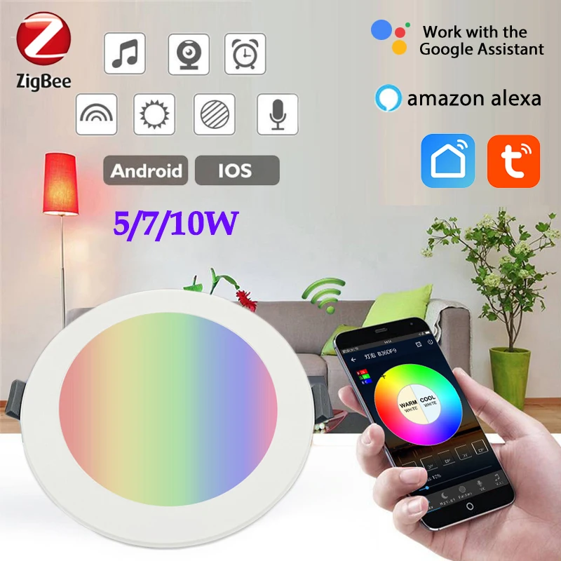 

5/7/10W Tuya Zigbee 3.0 Smart Home LED Downlight RGBCW Round Ceiling Lamp APP Smart Life With Alexa Google Home SmartThings