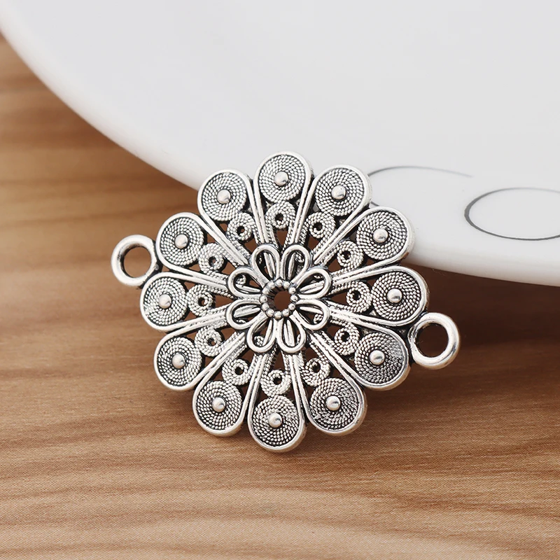 5 Pieces Tibetan Silver Color Hollow Open Flower Connector Charms for DIY Bracelet Jewellery Making Findings Accessories 38x30mm