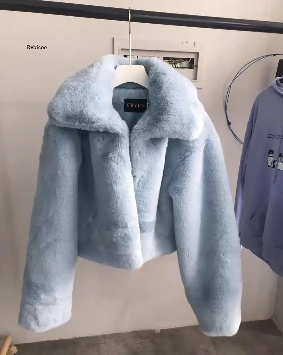 Women Winter Aqua Blue Big Lapel Hairy Shaggy Faux Rabbit Fur Jackets Vintage Furry Oversized Coat Short Outerwear