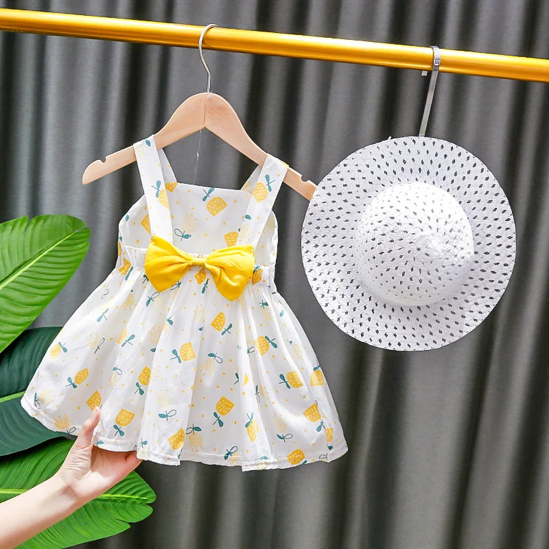 Cute Strawberry Print Summer Baby Girl Dress With Hat 2pcs Baby Clothes Set Big Bow Newborn Infant Toddler Princess Party Dress