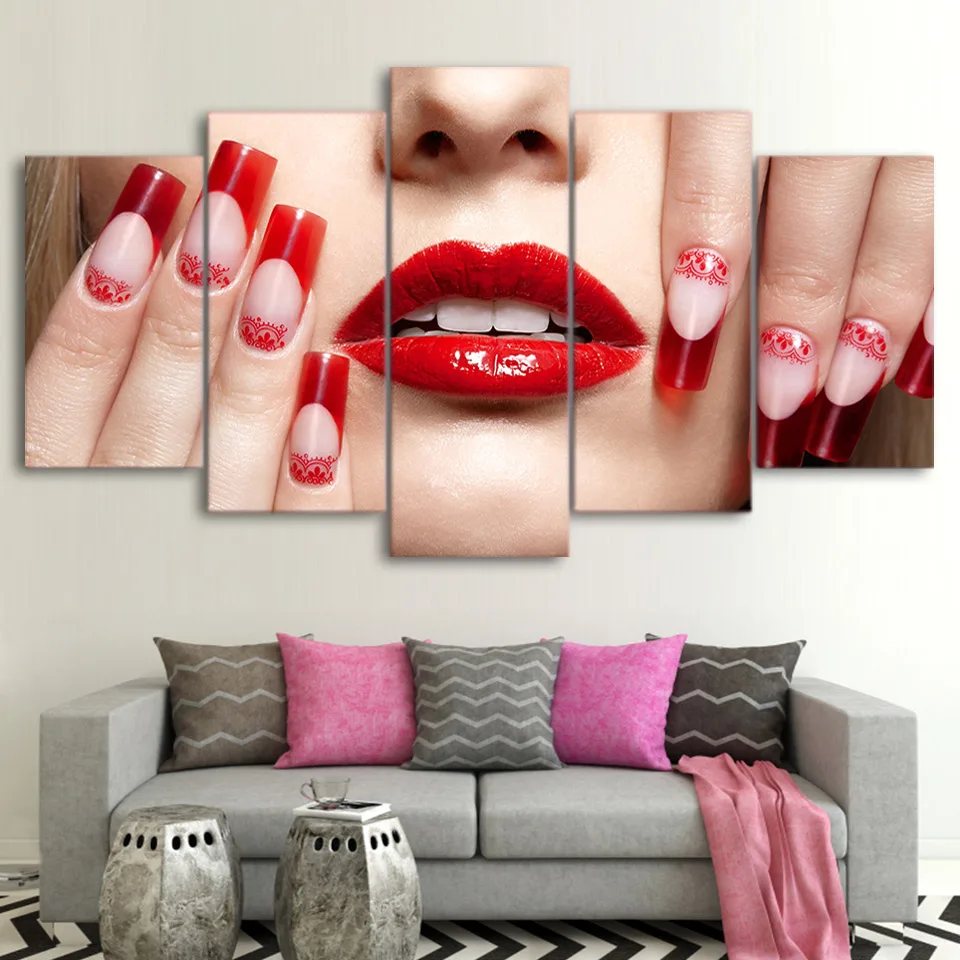 No Framed 5 Pieces Sexy Red Lips Nail Make Up Wall Art Canvas Posters Pictures Paintings Home Decor for Living Room Decorations