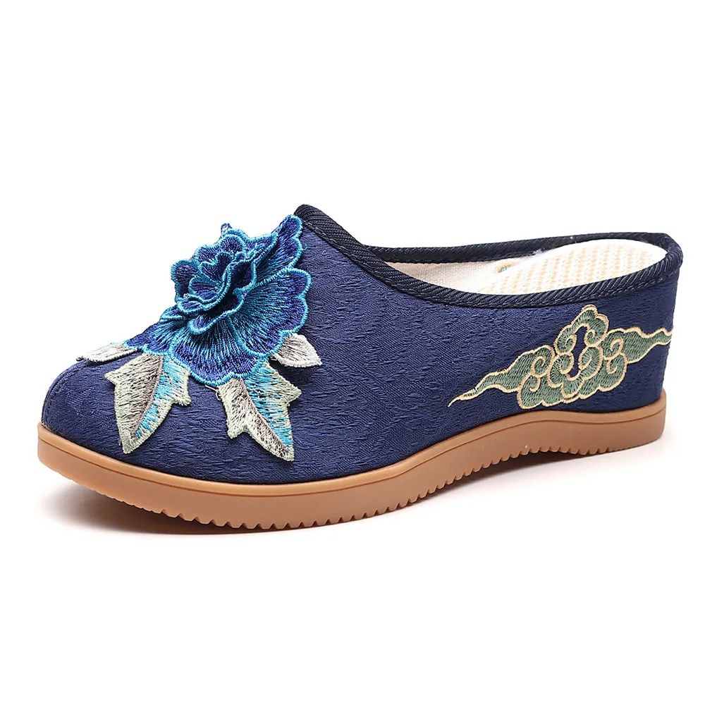 Veowalk Cotton Flower Appliques Women Canvas Wedge Slippers Summer Retro Ladies Med Heel Slides Mules Comfort Platforms Shoes