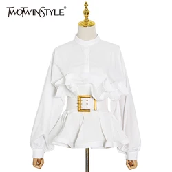 TWOTWINSTYLE Elegant Patchwork Ruffle Sashes Blouse For Women Stand Collar Long Sleeve Korean Tunic Blouse Female Fashion New