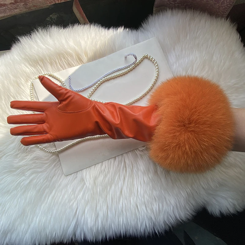 Ladies Genuine Leather Gloves Long Real Fox Fur Gloves Women Fashion Catwalk Over Elbow Real Leather Gloves With Warm Winter