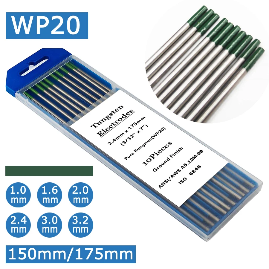 WP20 Pure Tungsten (Green) Electrodes TIG Welding Rods 1.0/1.6/2.0/2.4/3.0/3.2 Gold Tig Electrodes for Tig Welding