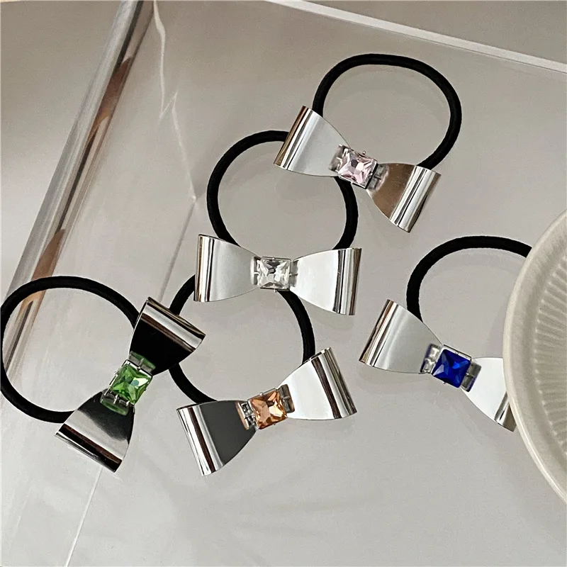 Cute Silver Metal Bow Rhinestone Decorated Hair Tie High-polished Alloy Elastic Hair Band Style Ponytail Holder For Women Girls