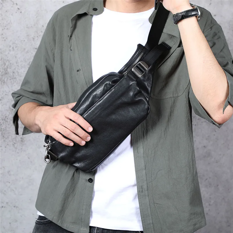 Casual fashion designer genuine leather men's black chest bag natural soft first layer cowhide waist pack daily messenger bag
