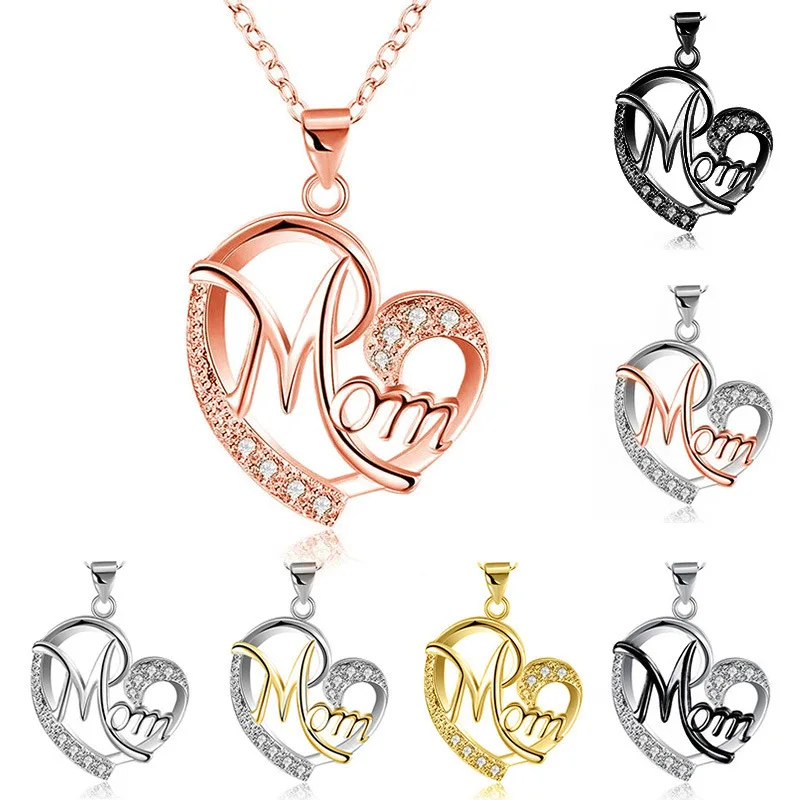 HUITAN Fashion Letter MOM Heart Shape Inlaid Crystal Pendant Necklace Mother's Day Gift High Quality Jewelry Wholesale Lots Bulk