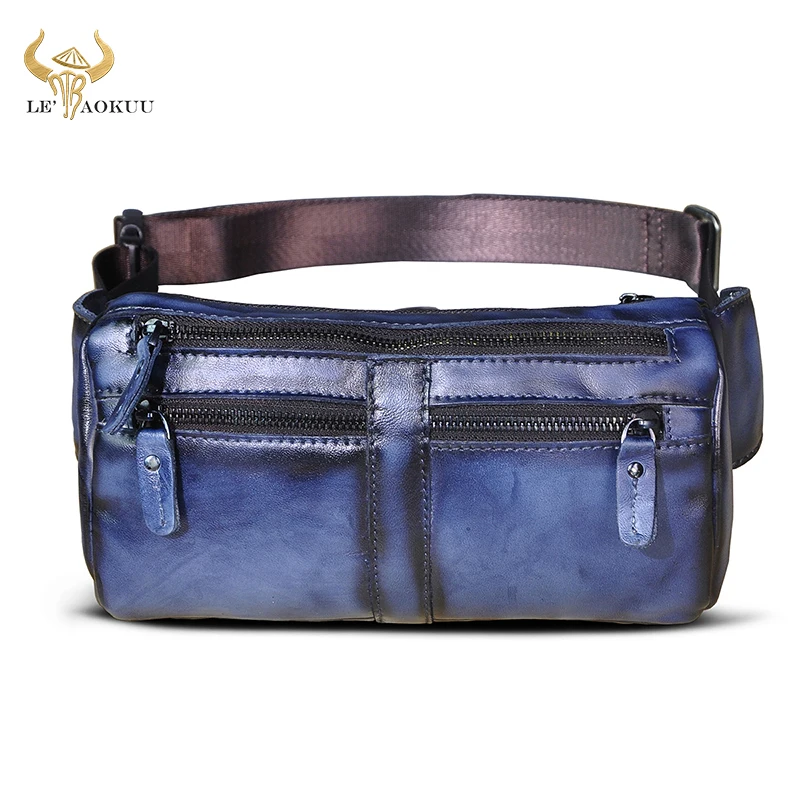 Famous Brand Real Cow Leather men Retro Blue Travel Crossbody Bag Design Fanny Waist Belt Bag Sling Chest Pack Bum Bag 811-49