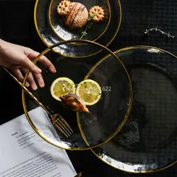 Gold Inlay Edge Glass Food Serving Plate Fruit Dessert Cake Salad Tray Meal Pasta Storage Container Main Dish Western Tableware