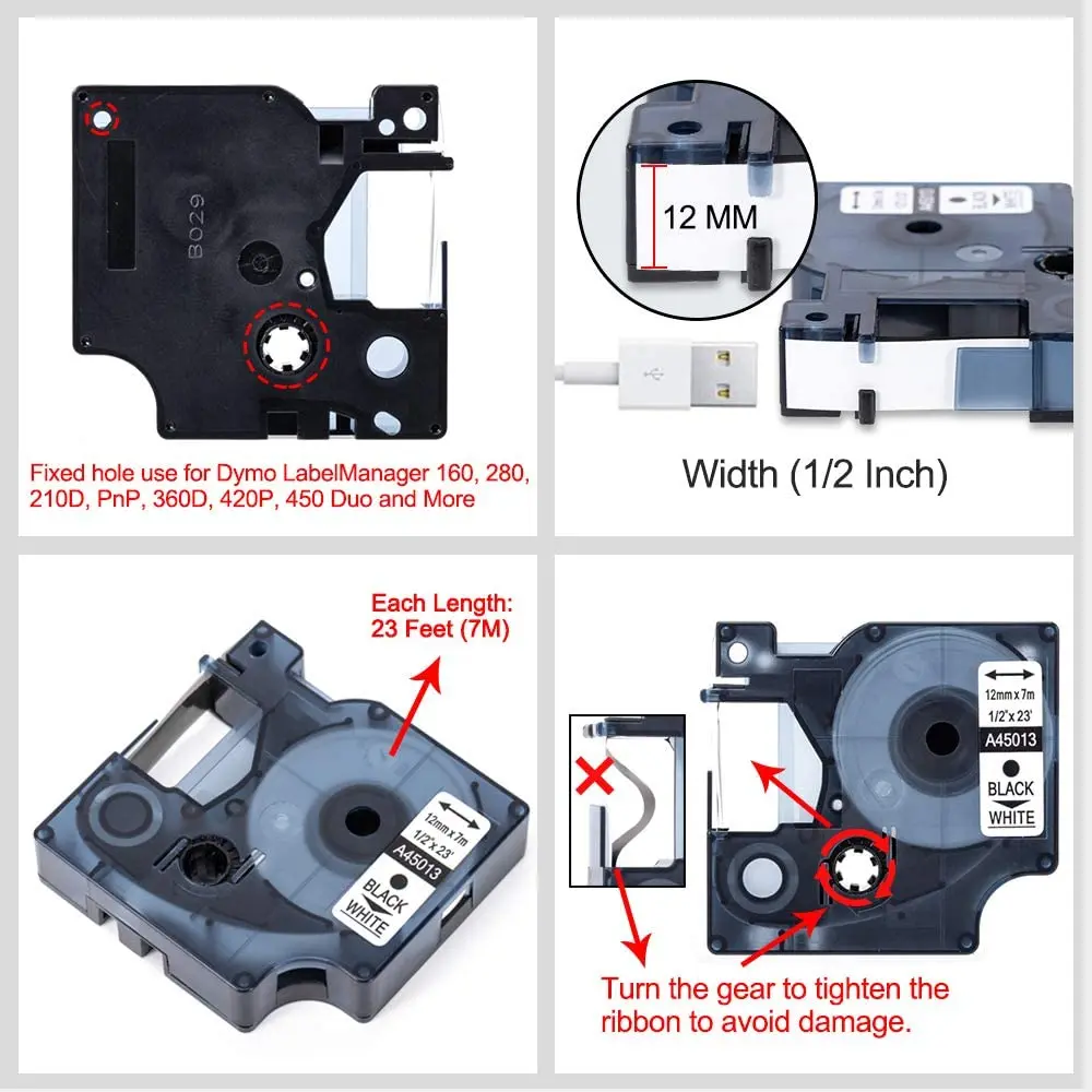 Compatible Dymo D1 12mm tapes 45010 45013 40910 40913 43613 43610 Ribbon Cassette for Dymo label manager LM 160 280 label maker