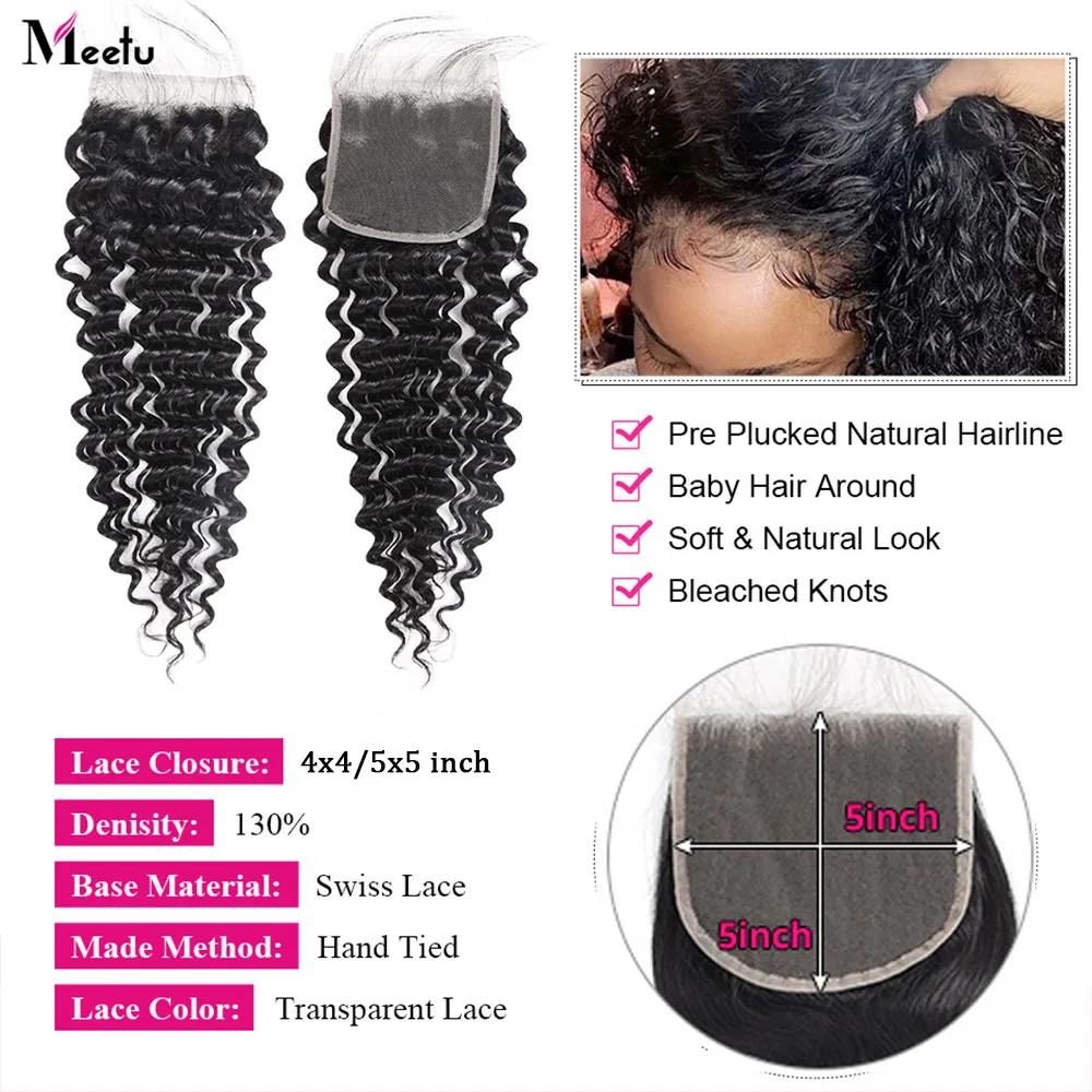 Meetu Deep Wave Bundles With Closure 5x5 Transparent Lace Closure With Bundles Brazilian Curly Human Hair Bundles With Closure