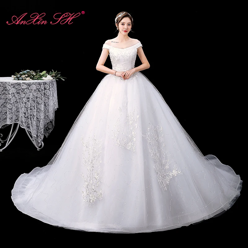 AnXin SH princess flower lace white party vintage boat neck ruffles beading bride white long sparkly customized wedding dress