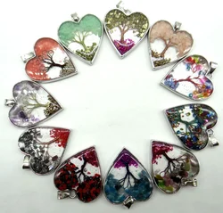 Natural stone Quartz Crystal Turquoises7 Chakra Reiki Healing Tree Heart pendant for diy Jewelry making necklace Accessories10pc