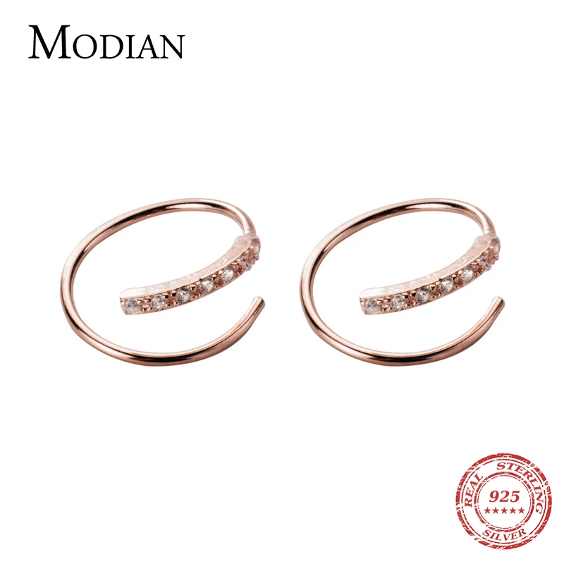 Modian Rose Gold Color Geometric Line Sterling Silver 925 Stud Earring for Women Shining Clear CZ Ear Pin Fine Jewelry Girl Gift