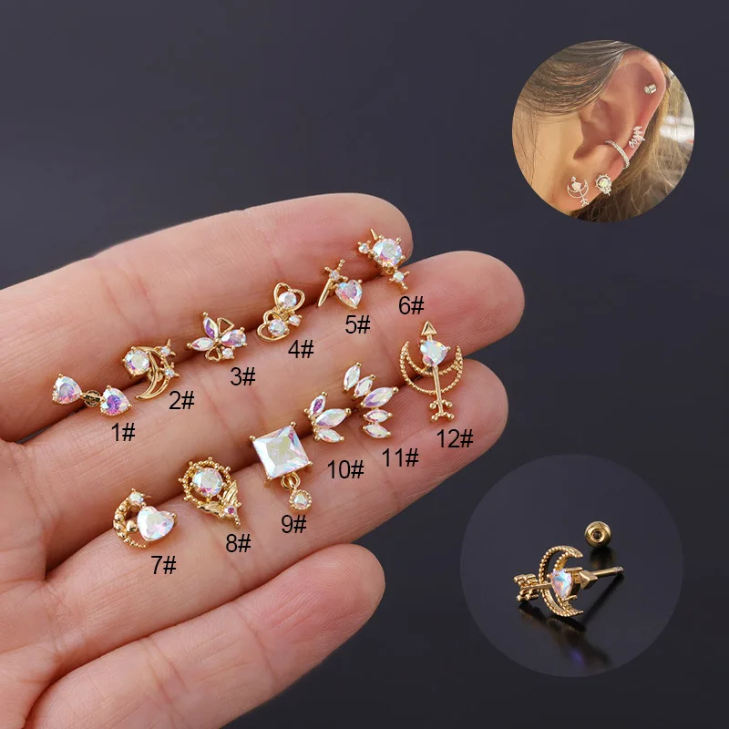 1Pc  New Trendy 20G AB Color Crystal Moon Crown Stainless Steel Earrings Helix Cartilage Studs Tragus Ear Piercing