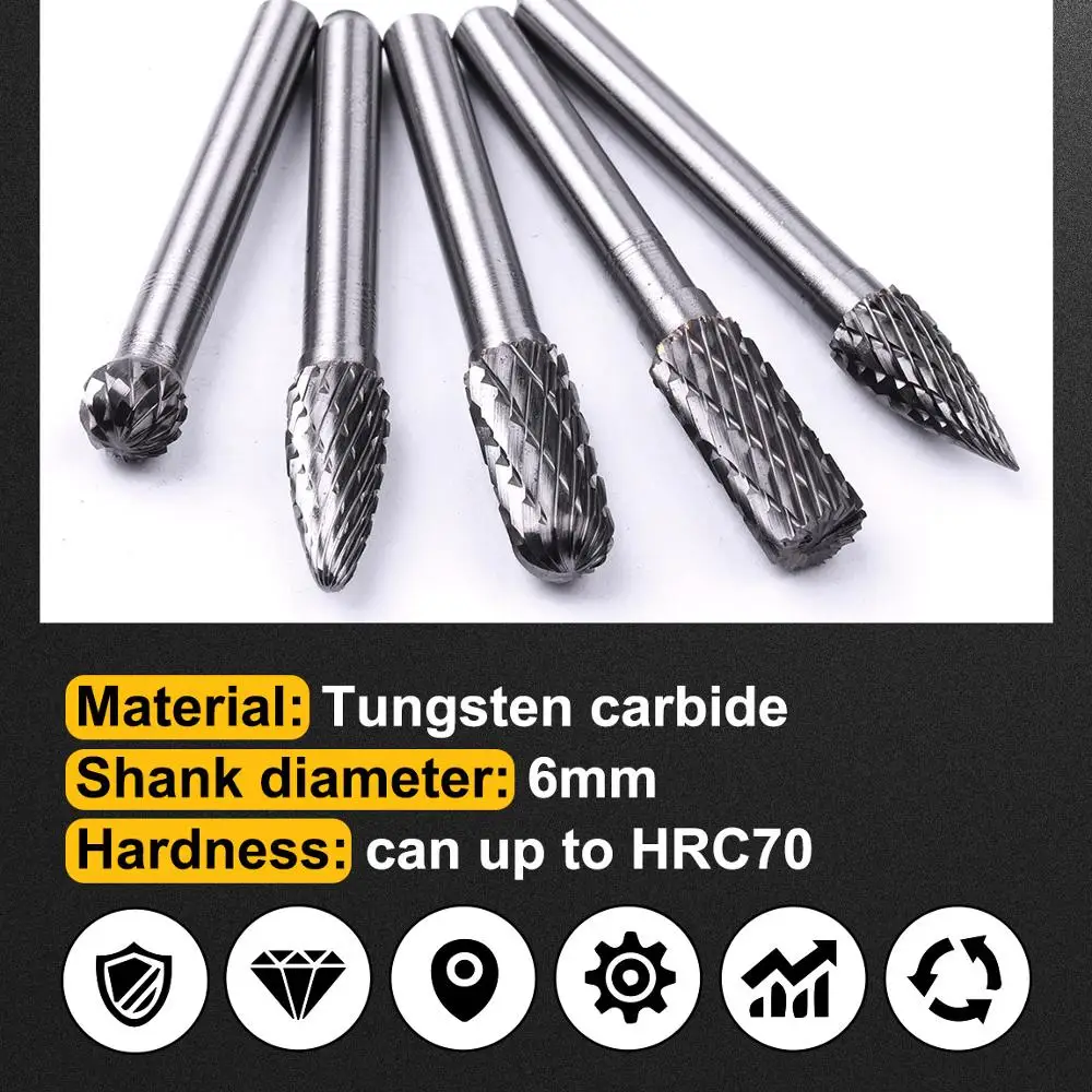 5PCS/Set 6mm Shank Tungsten Carbide Grinder Rotary Burr Dies Diameter 8mm Carving Drill Bit Tool