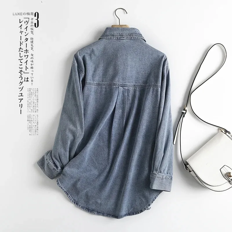 2141 Autumn Retro Denim Blouse Women Long Sleeve Pockets Letter Label Korean Style Tops Female Simple Loose Casual Shirt Ladies