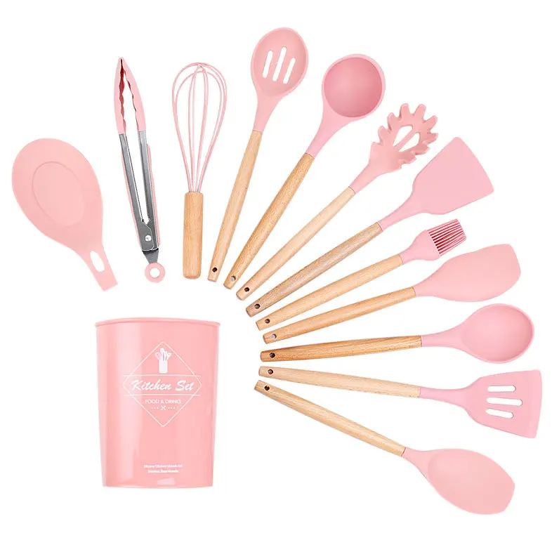 11pcs Pink Silicone Kitchen Cooking Tools Spatula Shovel Soup Spoon with Wooden Handle Special Heat-resistant Design Utensil