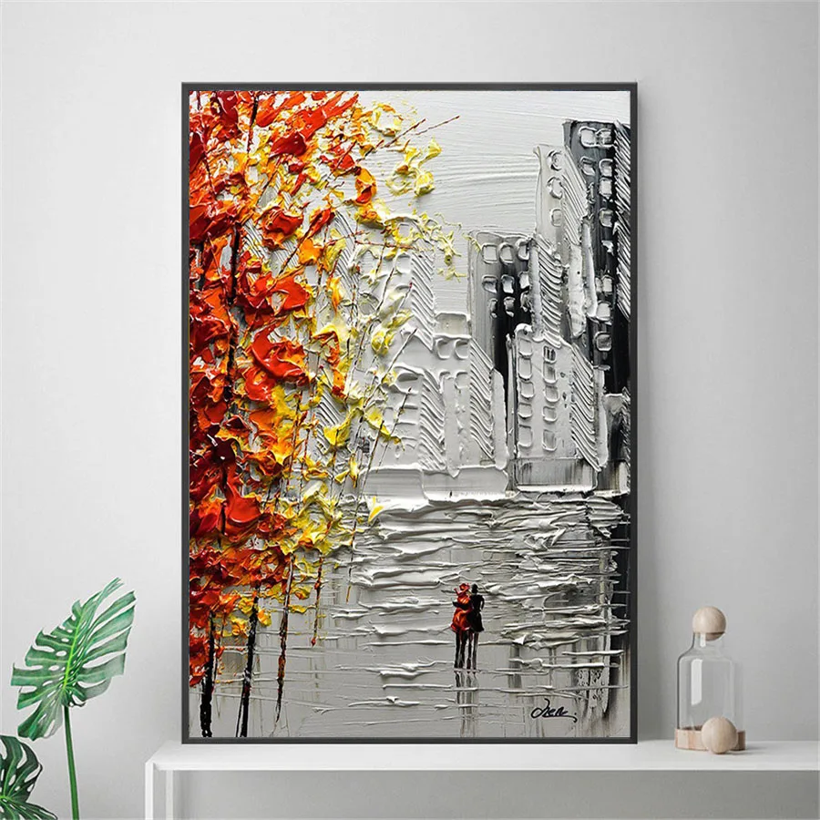 

Handmade Modern Canvas Oil Painting Longly Urban City Lover Palette Knife Picture Tree 3d Flowers Painting Autumn Decor Wall Art