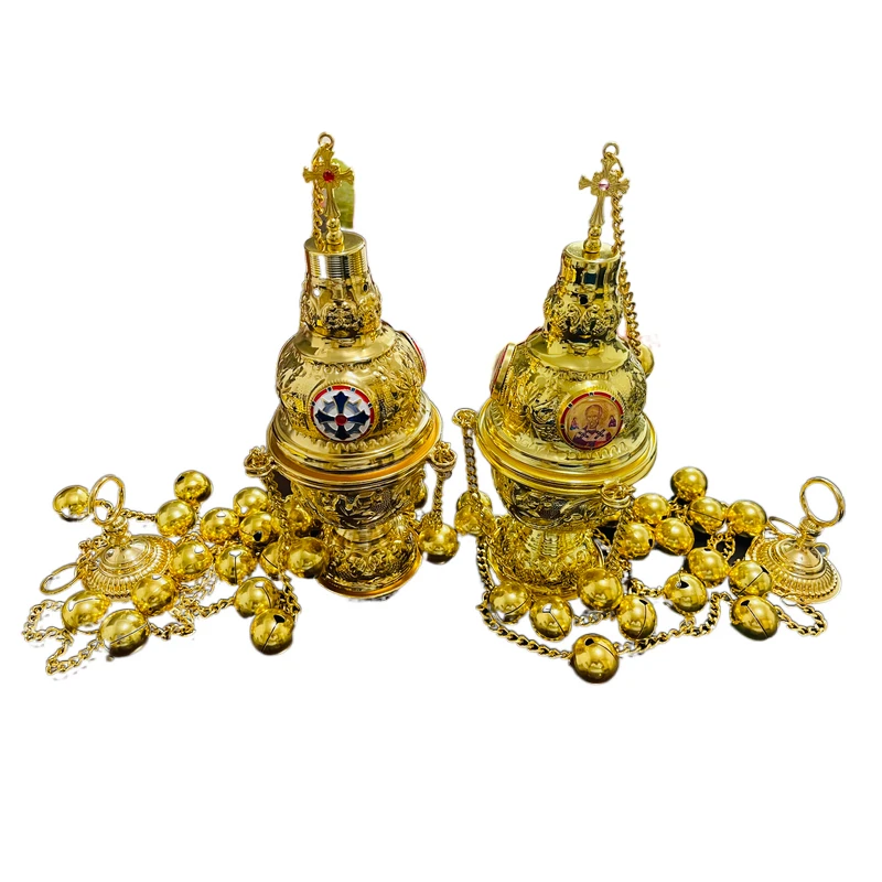 

Incense Burner Orthodox Church Mass Liturgical Censer Articles Wall Hanging With 24 Bells Gold Plating rosarios religiosos