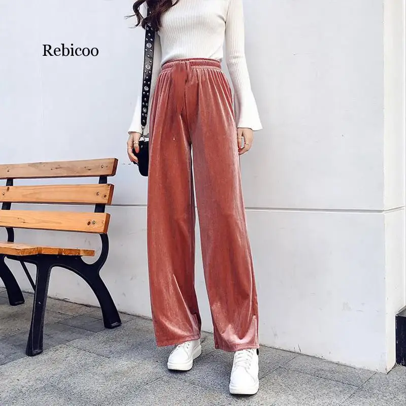 

Spring summer students pants Korean loose lthin velvet wide-leg pants high waist casual straight pants black mopping pants women