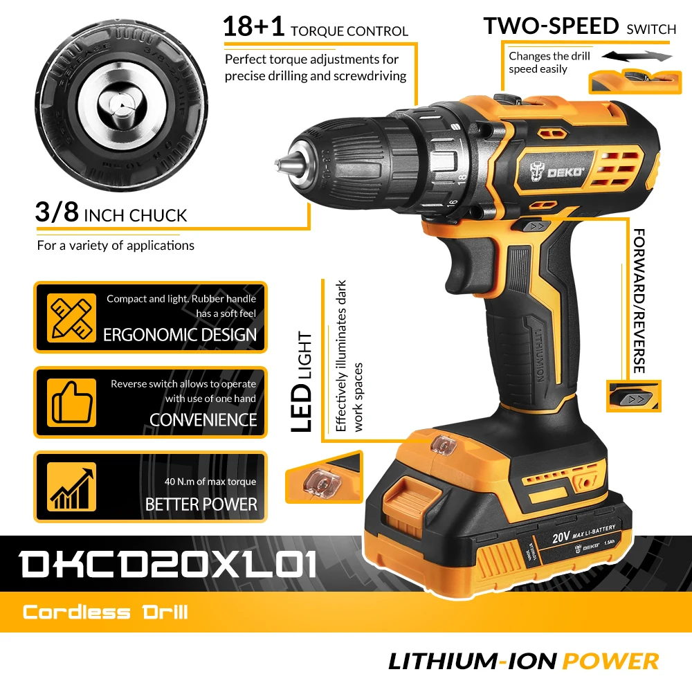 DEKO 20V MAX Cordless Drill,40N.M Electric Screwdriver with 3/8\