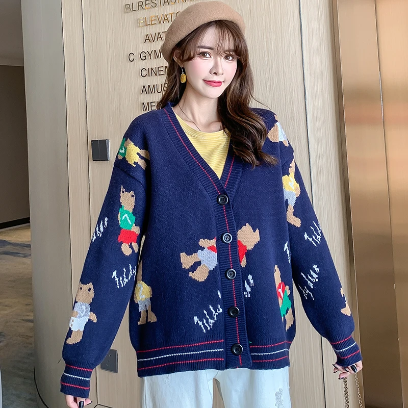 

Blue White Cute Bear Jacquard Knitted Cardigan Jacket Women Autumn and Winter Loose V-neck Sweater for Sweet Girl Thicken Tops