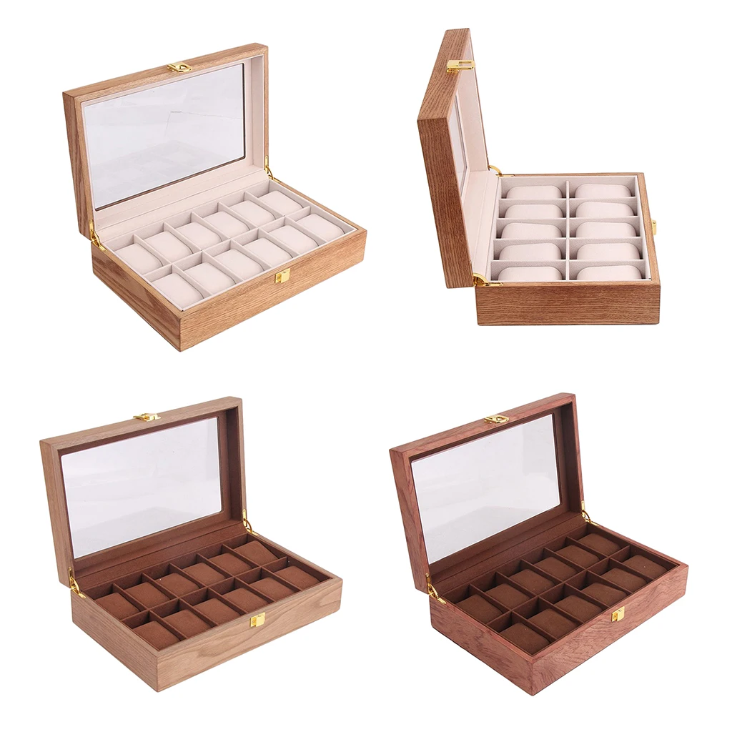 6/10/12 Slots Luxury Wooden Watch Box Display Case Jewelry Watch Organizer Display Glass Top Storage Holder Gift for Men Women