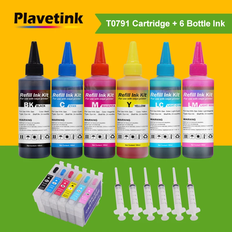 

Plavetink 6 Color T0791 Refillable Ink Cartridge + 6×100ml Ink Kits For Epson PX650 660 660+ 700W 710W 720WD Printer With Chips