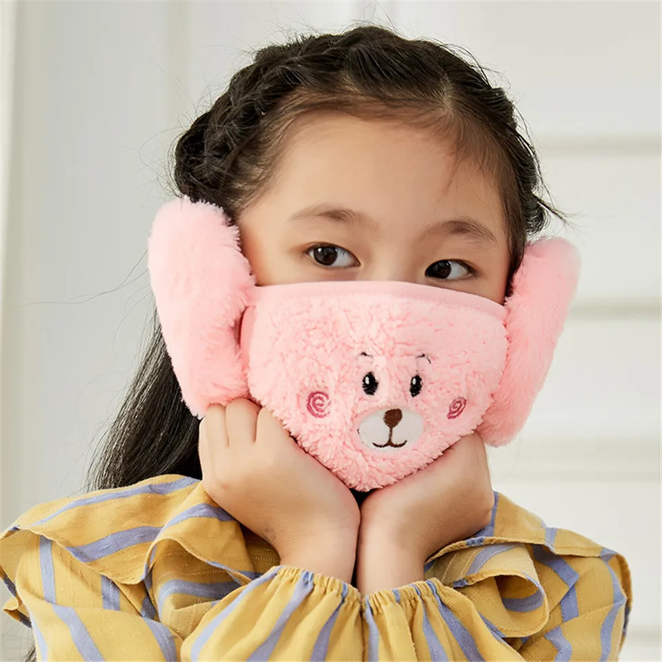 Winter Plush New Children Cartoon Ear Protectors Cotton Bear Student Windproof Warm Earmuffs Warm Mouth Unisex Ear Cover Girls