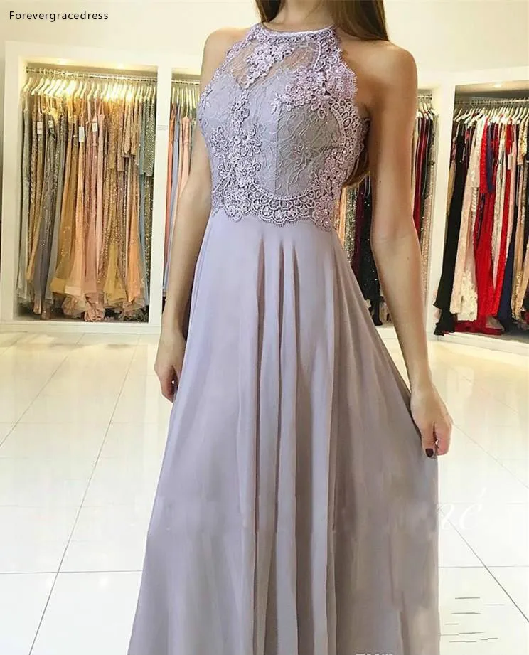 2019 Silver Lace Bridesmaid Dress Halter Neck Chiffon Country Garden Formal Wedding Party Guest Maid of Honor Gown Plus Size