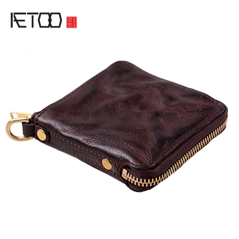 AETOO Handmade leather wallet man short soft leather zipper wallet Retro youth personality cowhide Money Clip