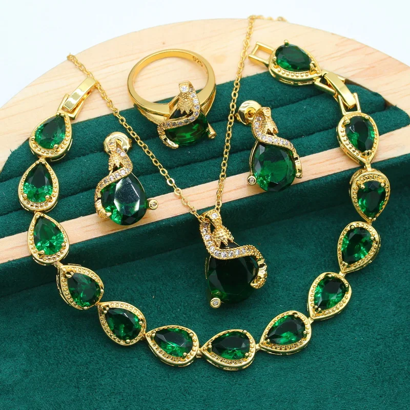 Dubai Wedding Jewelry Set for Women Bride Green Red Stone Bracelet Earrings Necklace Pendant Ring  Gift