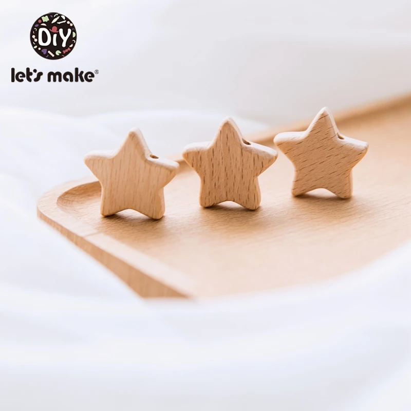 Let\'S Make 50pc Beech Wooden Five-Pointed Star Beads Bow Wooden Teethers Toys Wooden Teether Wooden Teething Beads Baby Teether