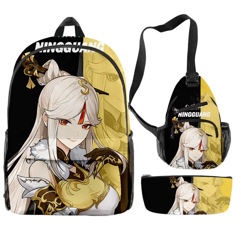 Anime genshin impacto impressão digital mochila com zíper + bolsa de ombro + caixa de lápis três peças conjunto de homens e mulheres