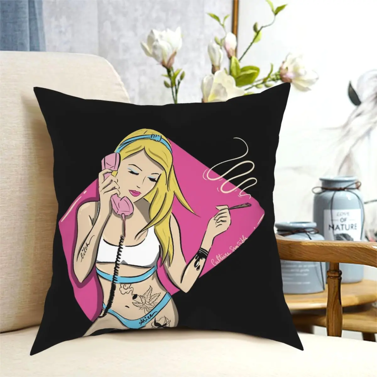 Pin Up Pink Phone Square Pillowcase Pattern Decor Pillow Case Bed Cushion Case 18