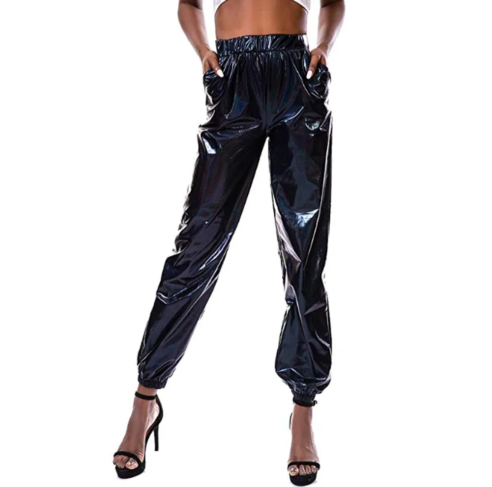 Metallic Shiny Jogger Pants Women Harem Hip Hop High Waisted Glittening Streetwear Elastic Trousers