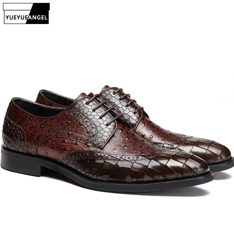 England Style Fashion New Mens Hand Made Real Leather Crocodile Pattern Formal Dress Shoes For Man Carved Pointed Toe Lace Up