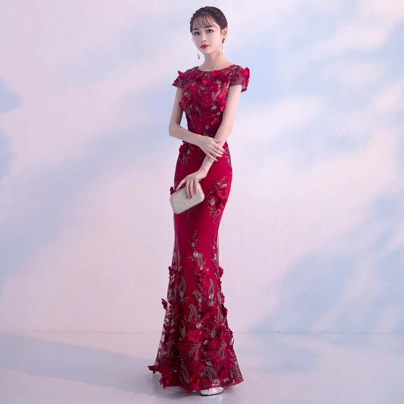 ที่กําหนดเองหรูหราดอกไม้ไวน์แดง Mermaid Evening Dresses 2025 Elegant เจียมเนื้อเจียมตัว O-คอผู้หญิงชุดยาวอย่างเป็นทางการ