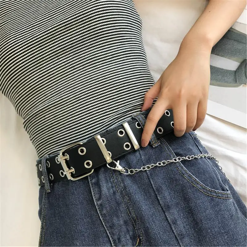 y2k accessories goth lady belt pu leather women waiststrap punk fashion waistband with holes