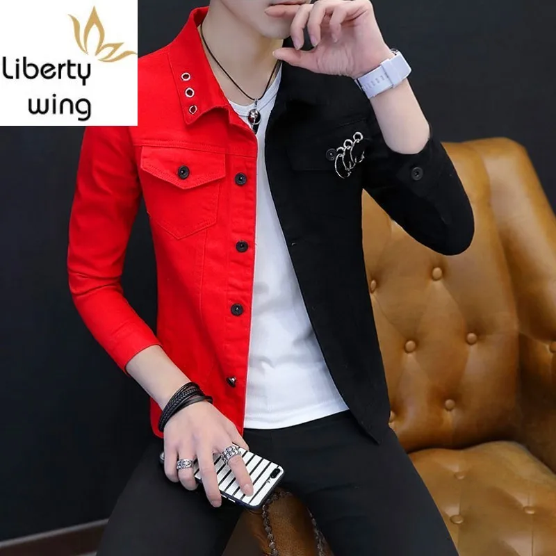 Spring Autumn Personality Mixed Colors Male Denim Jackets Fashion Long Sleeve Punk Style Night Show Wear Slim Casual Mens Coats