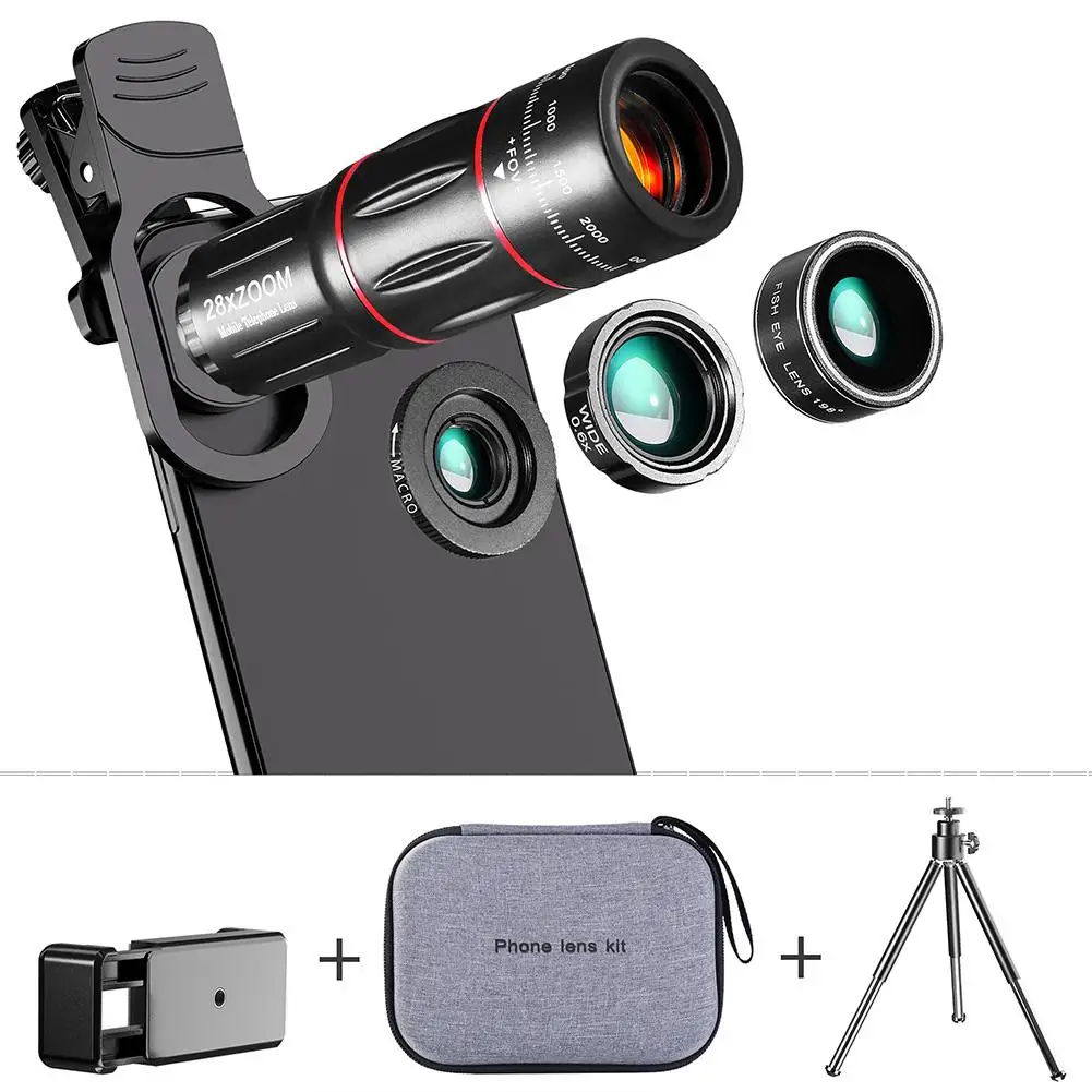 4 em 1 lente telefoto com suporte para celular e tripé, zoom 28x, para iphone