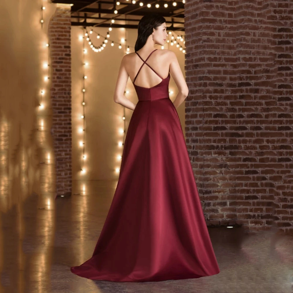 FDHAOLU – robe De bal en Satin, tenue De soirée Chic, col en V, bretelles Spaghetti, couleur bordeaux