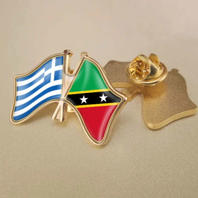 

Greece and Saint Kitts and Nevis Crossed Double Friendship Flags Lapel Pins Brooch Badges