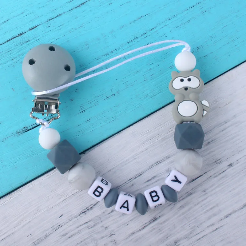 Personalized Name Handmade Silicone Pacifier Chains With Raccoon Silicone Baby Pacifier Dummy Clips Holder Chain