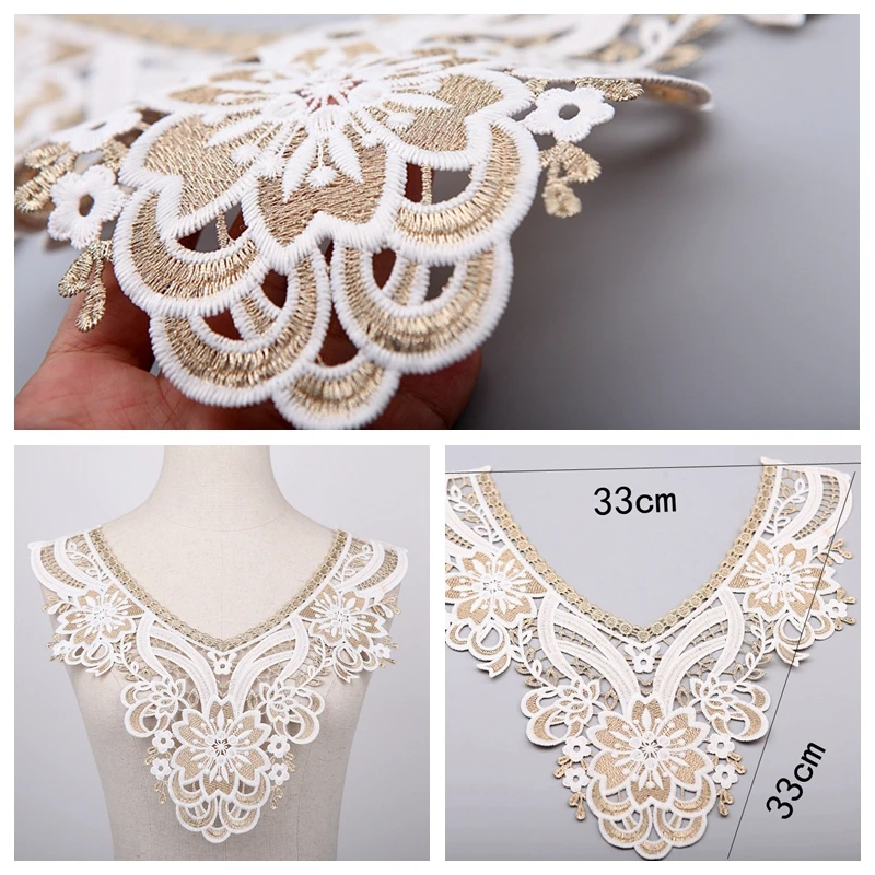 1Pc Gold White Lace Fabric Flower Lace Neckline Collar Embroidery Lace Trimming DIY Applique Sewing Lace Fabric