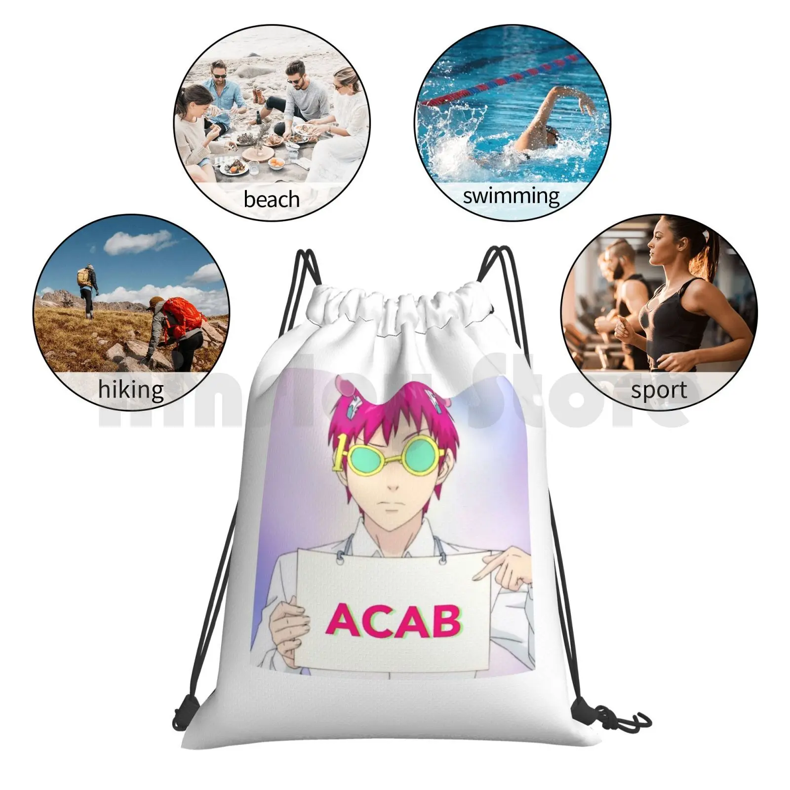 Saiki Kusuo Says Acab Backpack Drawstring Bags Gym Bag Waterproof Acab Anime Saiki K Saiki Japan Cartoon Kaido