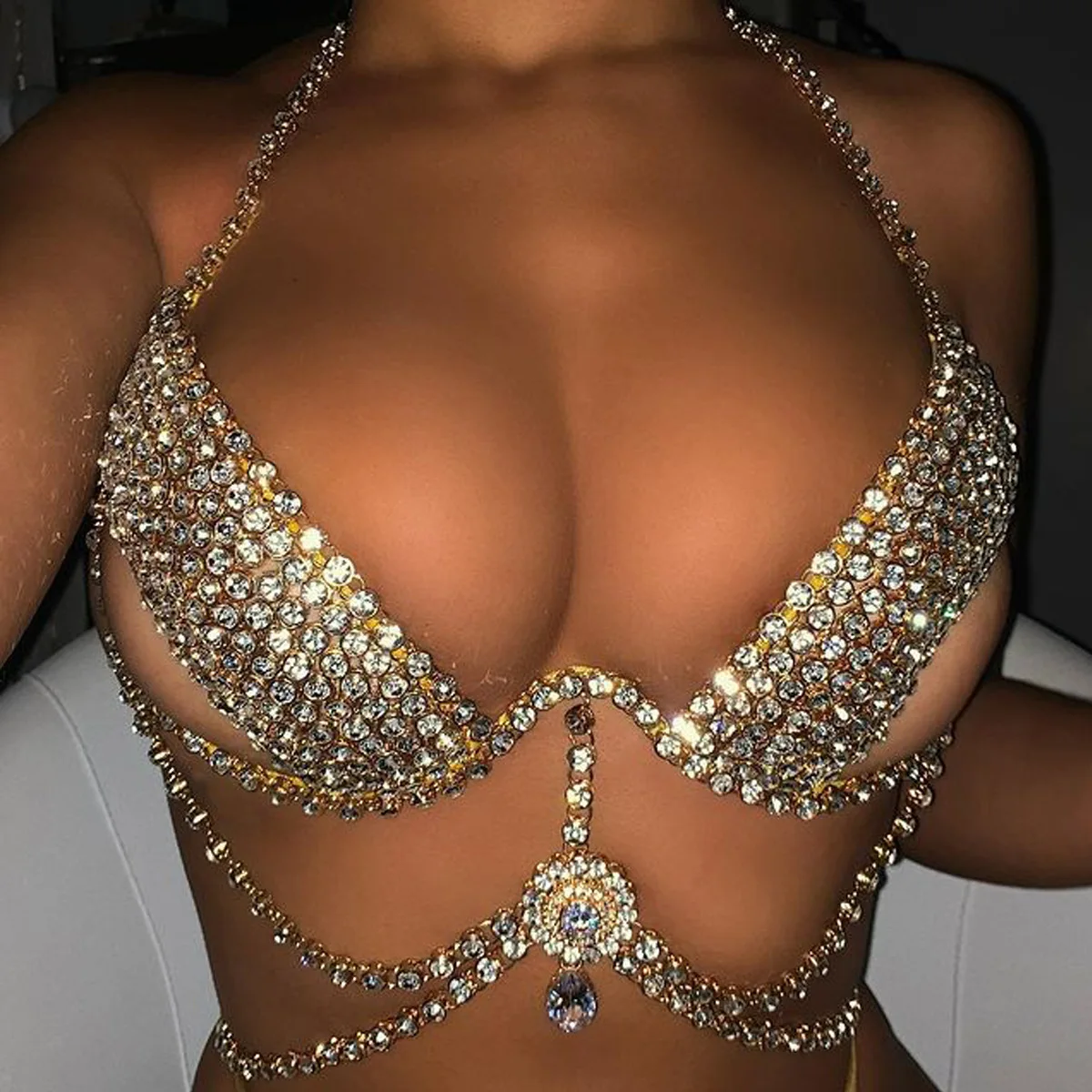 Bohemian Beach Sexy Chest Chain for Women Full Rhinestone Long Chest Chain Shining Crystal Bra Body Necklace Choker Jewelry