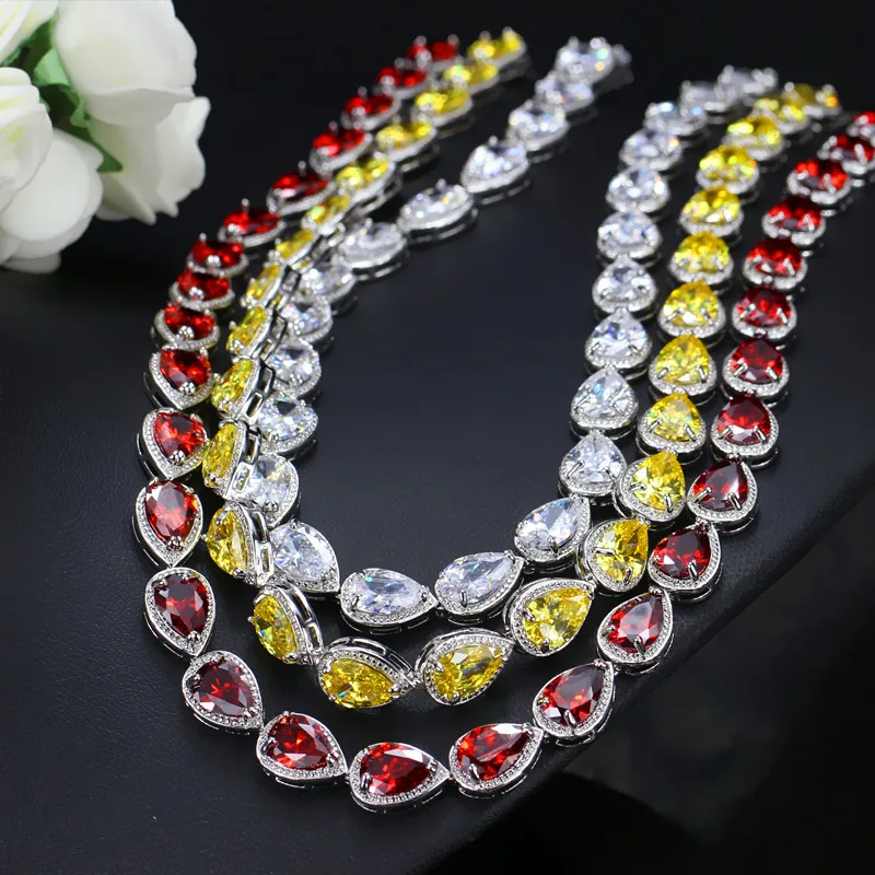 Pera Classic 3Pcs Red Waterdrop Shape Link Cubic Zirconia Choker Necklace Earring Banquet Party Jewelry Sets for Women Gift J213